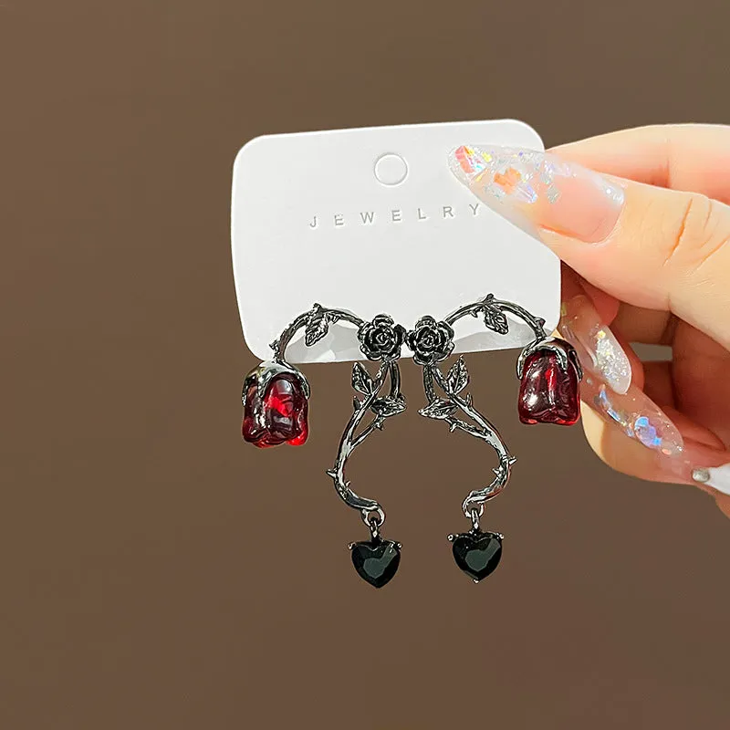 Wholesale Dark rattan red rose flower earrings