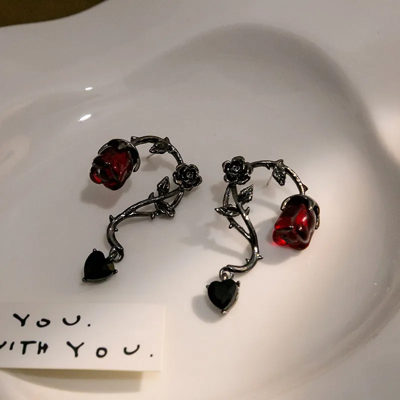Wholesale Dark rattan red rose flower earrings