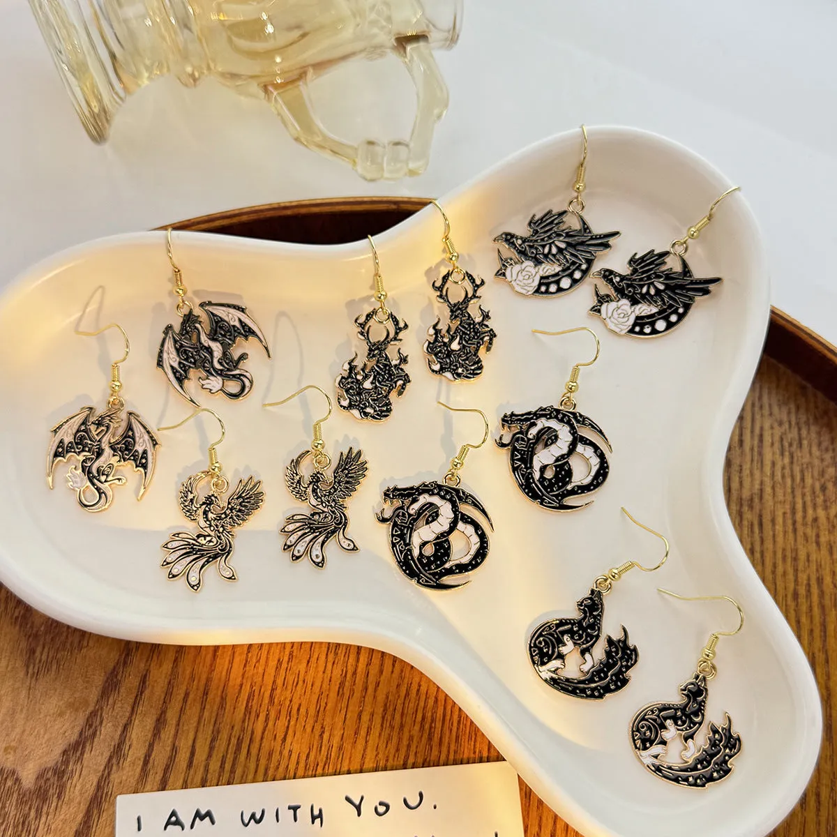 Wholesale Dark Style Cat Halloween Horror Funny Oil Drop Rose Phoenix Earrings