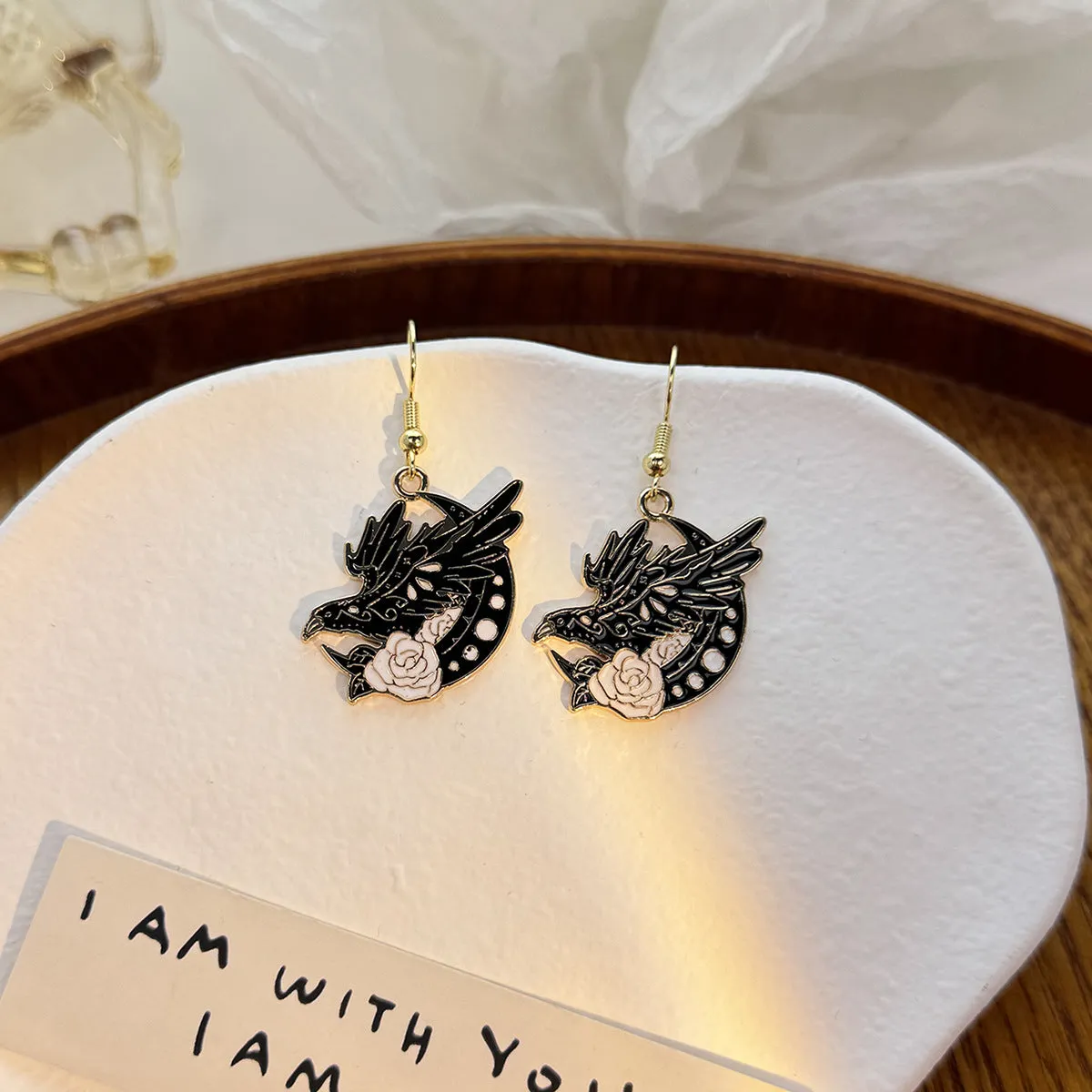 Wholesale Dark Style Cat Halloween Horror Funny Oil Drop Rose Phoenix Earrings