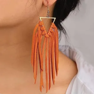 Wholesale Distinctive Tassel Western Style Leather Large Long Earrings