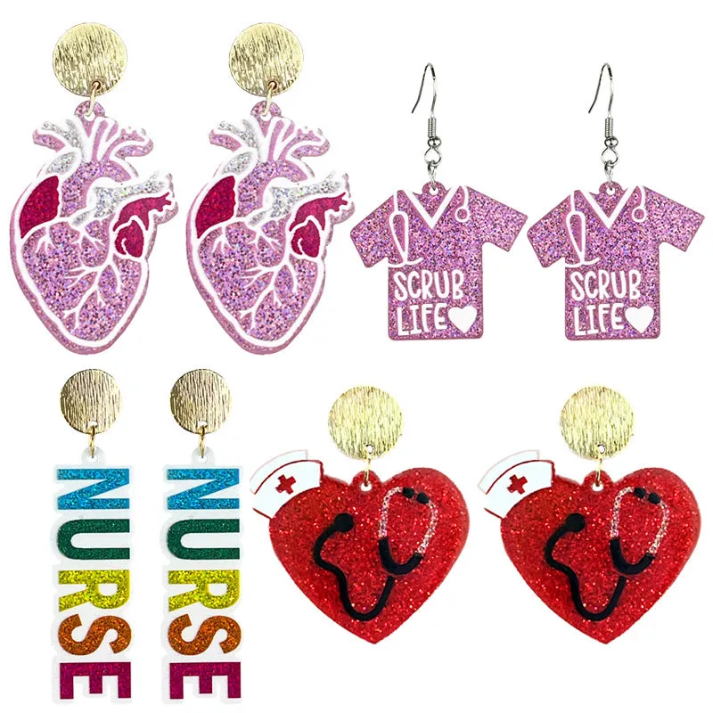 Wholesale Doctor Nurses Day Acrylic Pink Heart Nurses Clothing Stethoscope Fun Earrings