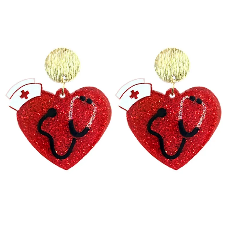 Wholesale Doctor Nurses Day Acrylic Pink Heart Nurses Clothing Stethoscope Fun Earrings