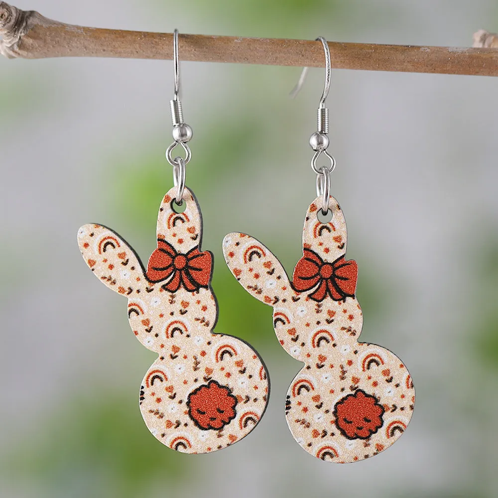 Wholesale Easter Cute Flower Bow Rainbow Rabbit Pendant Wooden Double-sided Earrings Gift