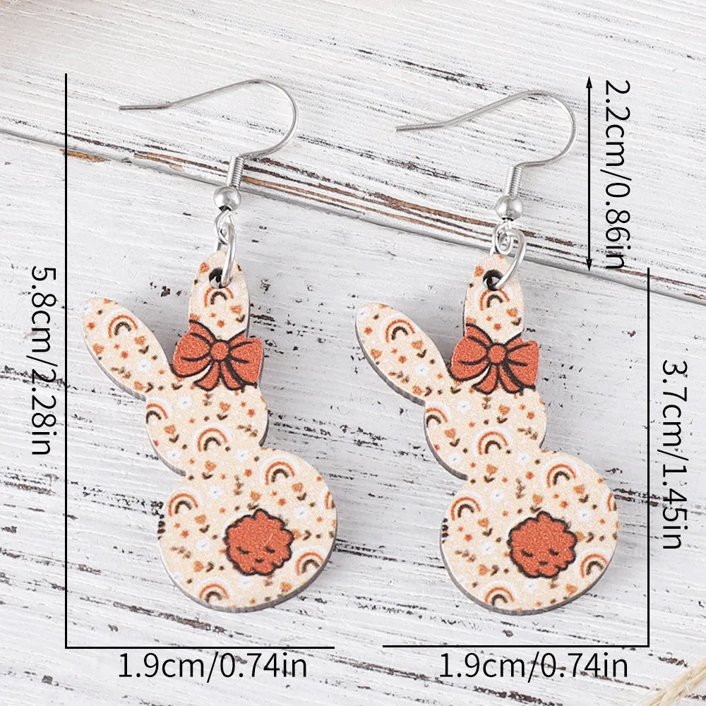 Wholesale Easter Cute Flower Bow Rainbow Rabbit Pendant Wooden Double-sided Earrings Gift