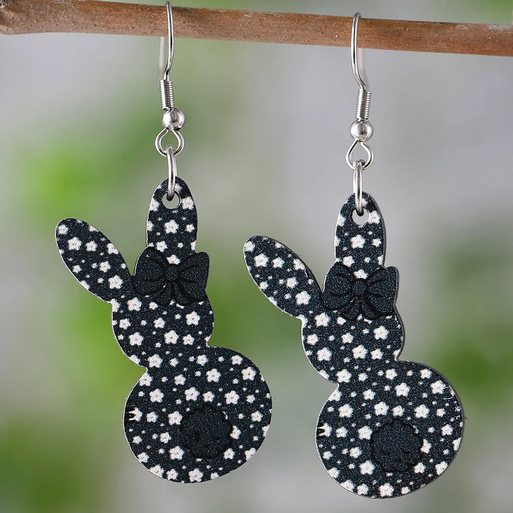 Wholesale Easter Cute Flower Bow Rainbow Rabbit Pendant Wooden Double-sided Earrings Gift