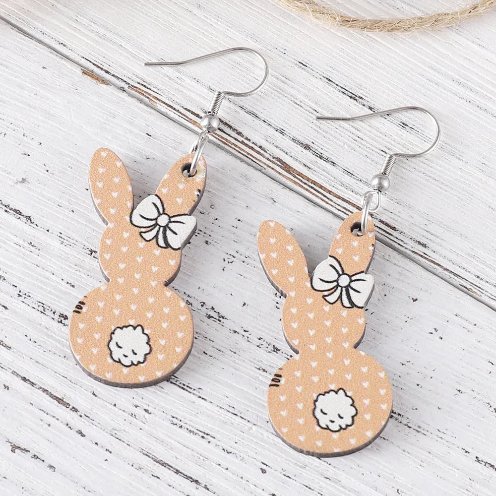 Wholesale Easter Cute Flower Bow Rainbow Rabbit Pendant Wooden Double-sided Earrings Gift