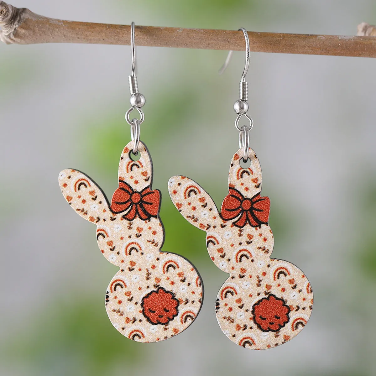 Wholesale Easter Cute Flower Bow Rainbow Rabbit Pendant Wooden Double-sided Earrings Gift