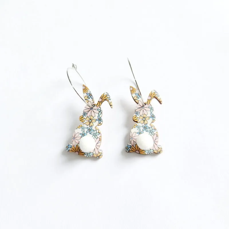 Wholesale Easter cute print spring flowers leopard print egg fur ball tail rabbit earrings