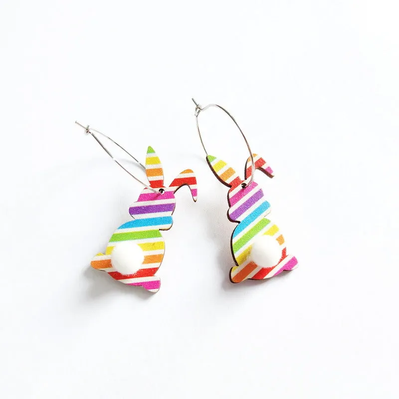 Wholesale Easter cute print spring flowers leopard print egg fur ball tail rabbit earrings