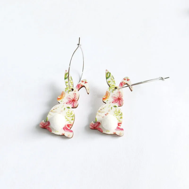 Wholesale Easter cute print spring flowers leopard print egg fur ball tail rabbit earrings