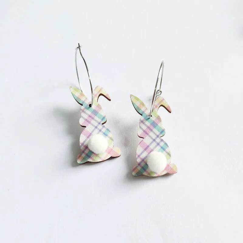 Wholesale Easter cute print spring flowers leopard print egg fur ball tail rabbit earrings