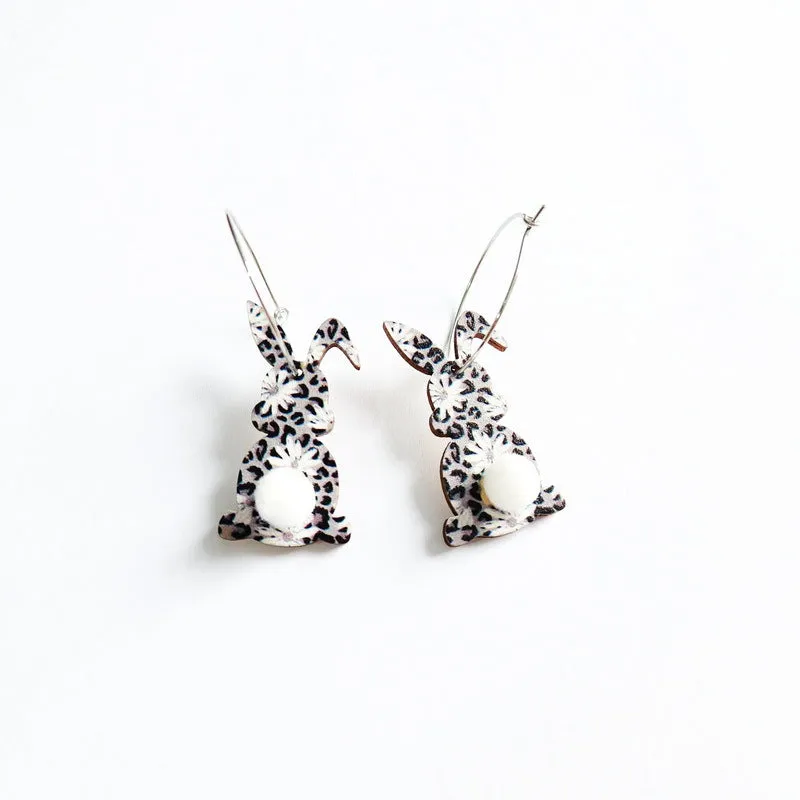 Wholesale Easter cute print spring flowers leopard print egg fur ball tail rabbit earrings