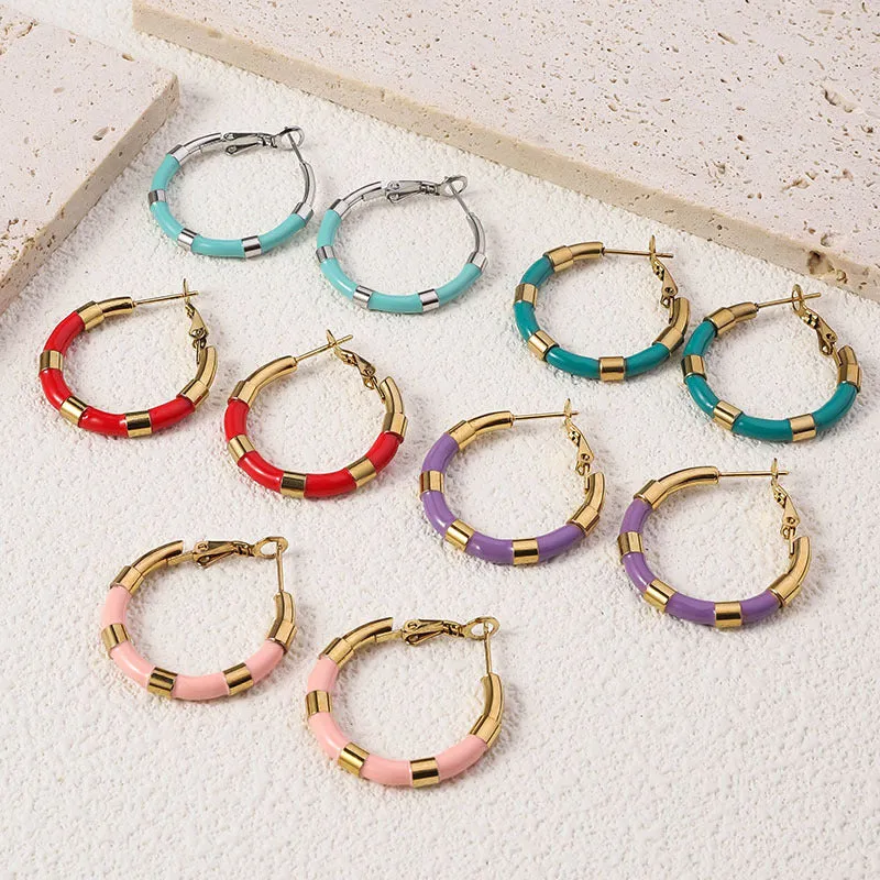 Wholesale Enamel Large Earrings Fashion Bamboo Stainless Steel Drip Oil Geometric Round 18K Real Gold Earrings