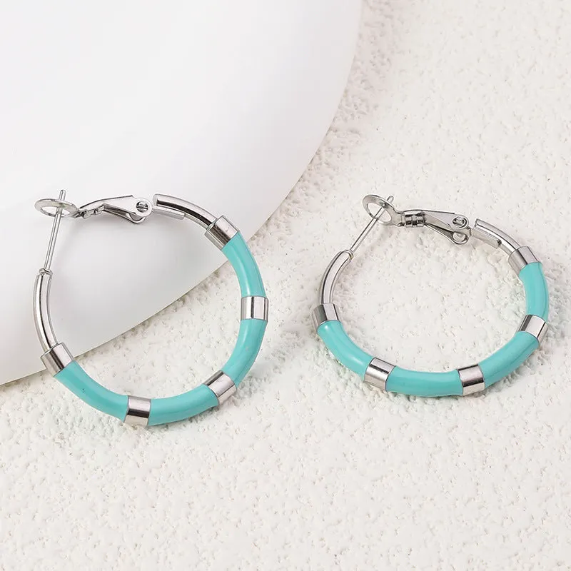 Wholesale Enamel Large Earrings Fashion Bamboo Stainless Steel Drip Oil Geometric Round 18K Real Gold Earrings