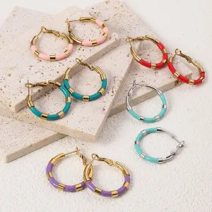 Wholesale Enamel Large Earrings Fashion Bamboo Stainless Steel Drip Oil Geometric Round 18K Real Gold Earrings