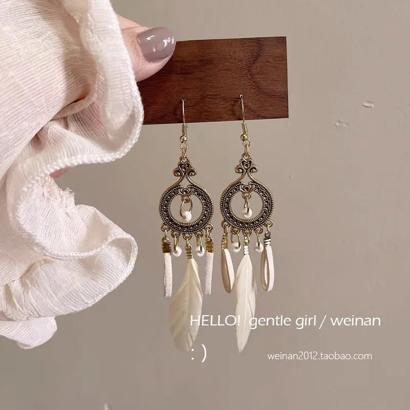 Wholesale Ethnic retro long multi-color holiday feather beaded circle earrings