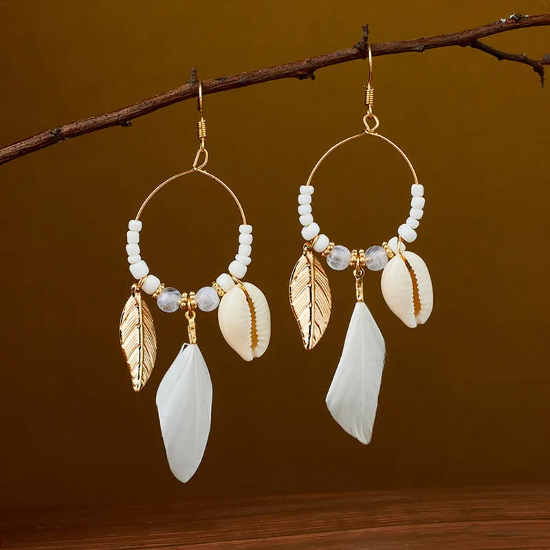 Wholesale Ethnic retro long multi-color holiday feather beaded circle earrings