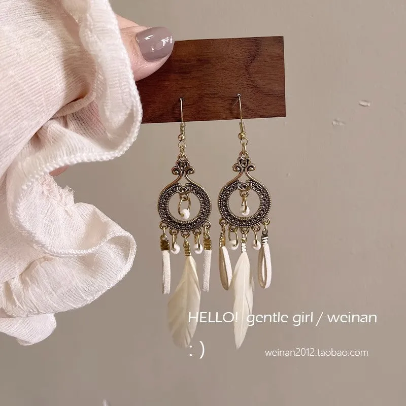 Wholesale Ethnic retro long multi-color holiday feather beaded circle earrings