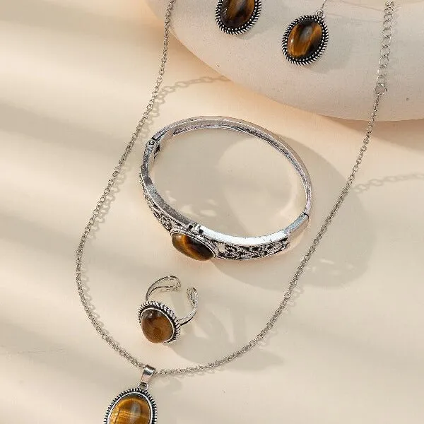 Wholesale Ethnic style four-piece natural stone tiger eye stone necklace earrings ring bracelet jewelry set
