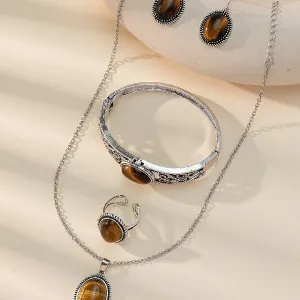 Wholesale Ethnic style four-piece natural stone tiger eye stone necklace earrings ring bracelet jewelry set