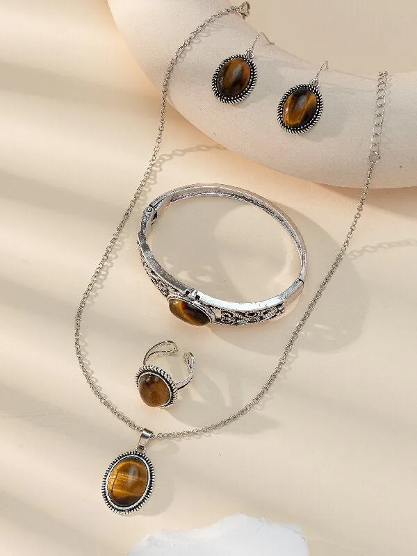 Wholesale Ethnic style four-piece natural stone tiger eye stone necklace earrings ring bracelet jewelry set