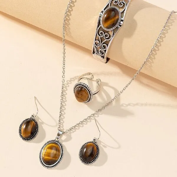 Wholesale Ethnic style four-piece natural stone tiger eye stone necklace earrings ring bracelet jewelry set