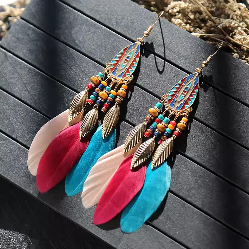 Wholesale Ethnic style super fairy high-end feather earrings