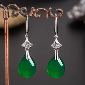 Wholesale Ethnic style teardrop-shaped green agate earrings with micro-diamonds long