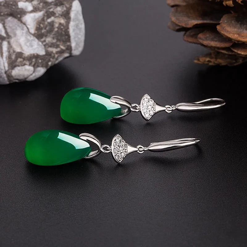 Wholesale Ethnic style teardrop-shaped green agate earrings with micro-diamonds long