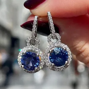 Wholesale Europe and the United States cross-border live network red luxury sapphire blue zircon long earrings temperament Valentine's Day gift earrings women