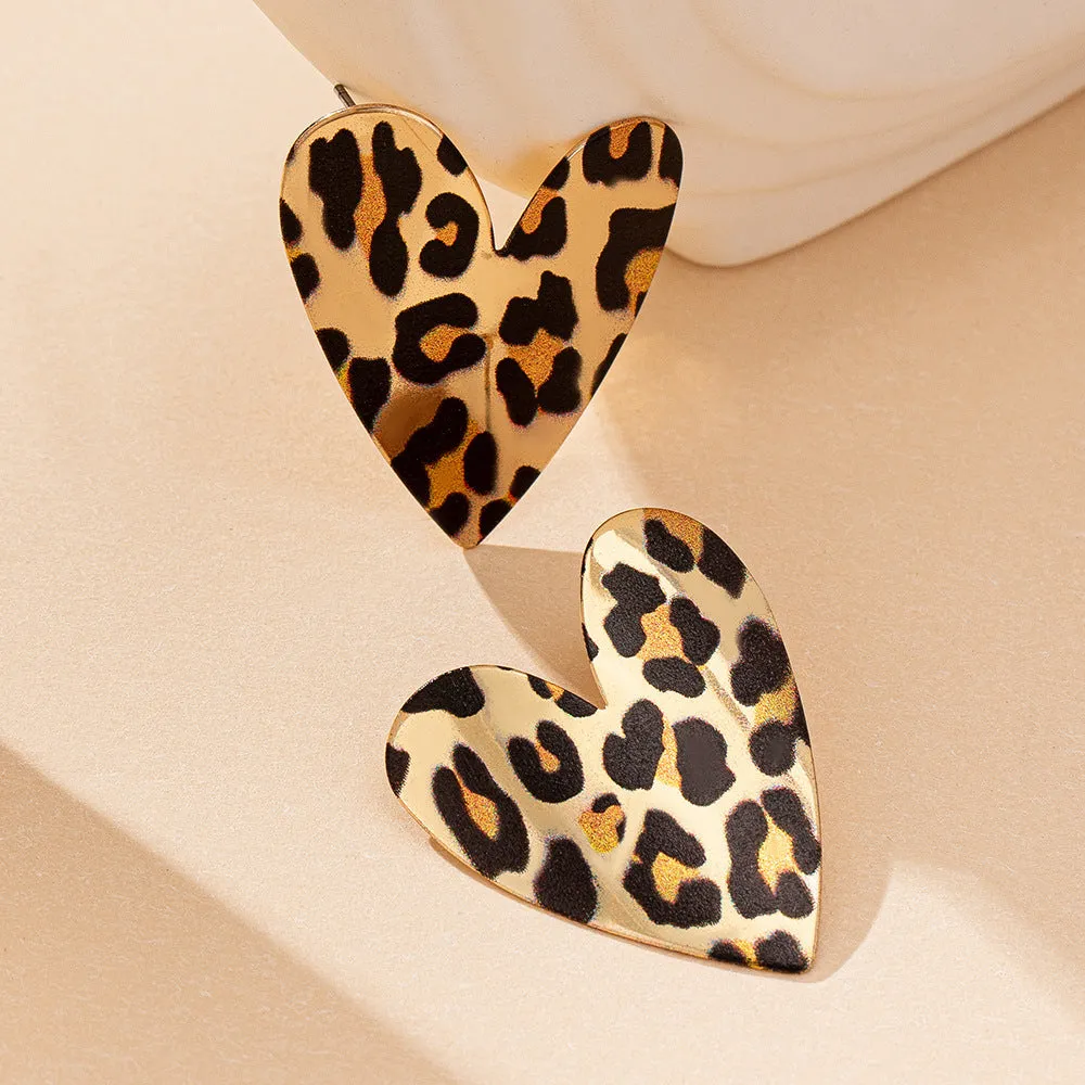 Wholesale European and American Cross-border Trend Autumn and Winter Printing Leopard Print Love Exaggerated Niche Design Valentine's Day Gift Earrings