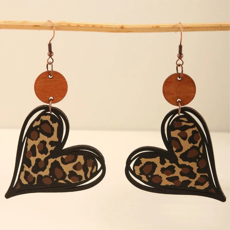 Wholesale European and American Hollow Leopard Print Wooden Heart-shaped Round Wooden Pieces Women's Earrings