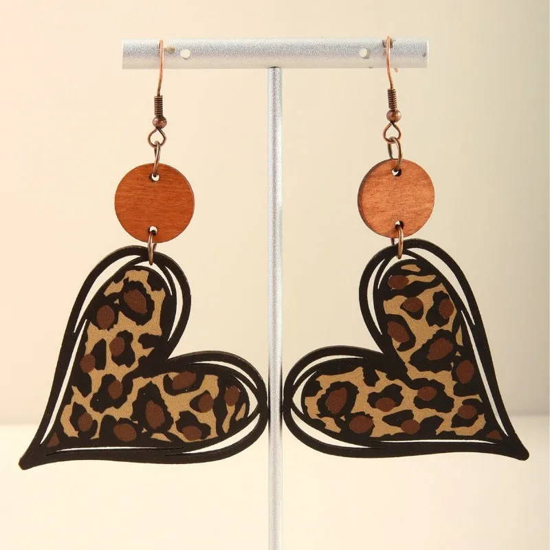 Wholesale European and American Hollow Leopard Print Wooden Heart-shaped Round Wooden Pieces Women's Earrings