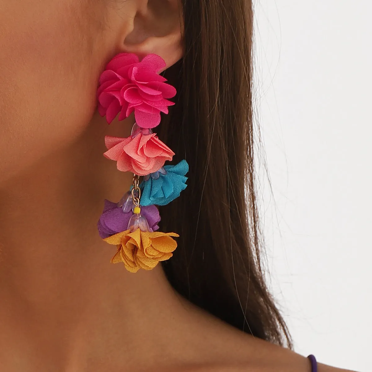 Wholesale Exaggerated Bohemian Colorful Flower Tassel Earrings