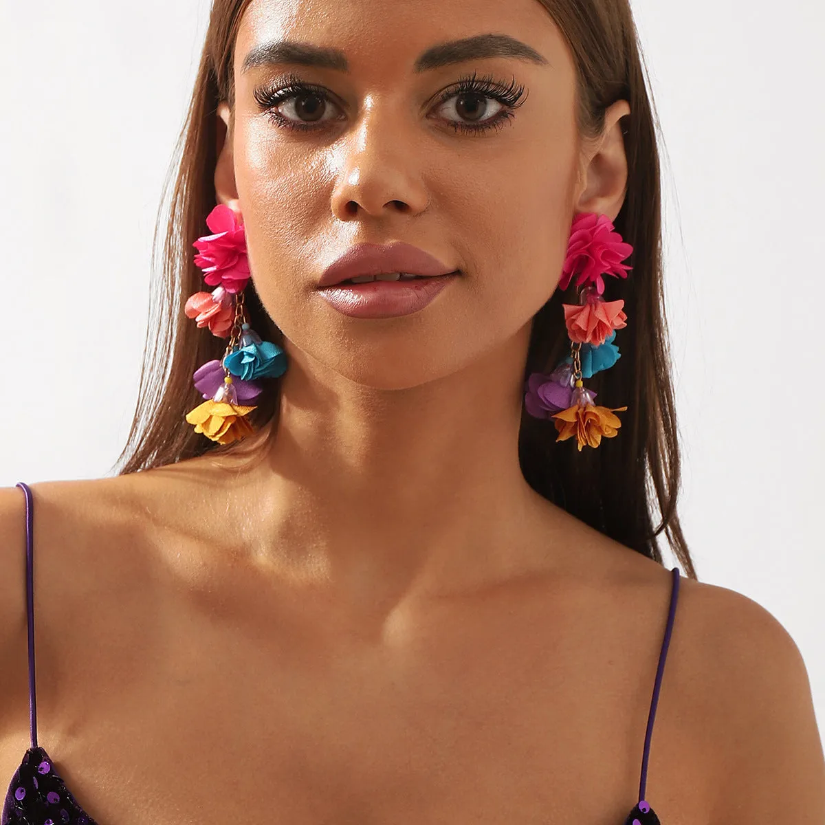 Wholesale Exaggerated Bohemian Colorful Flower Tassel Earrings