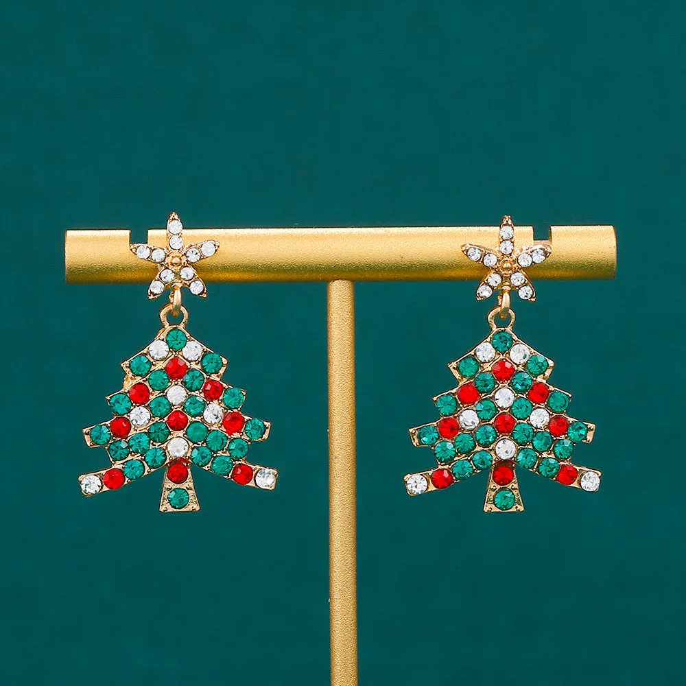 Wholesale Exaggerated Creative Diamond Christmas Tree Colored Diamond Earrings
