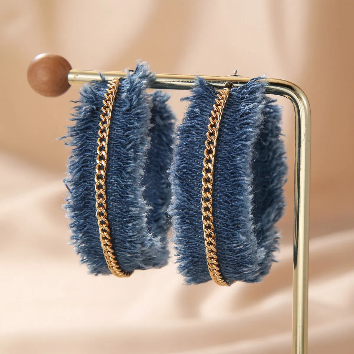 Wholesale Exaggerated Fashionable Atmosphere High-grade Denim Tassel Chain Bohemian Style Denim Earrings