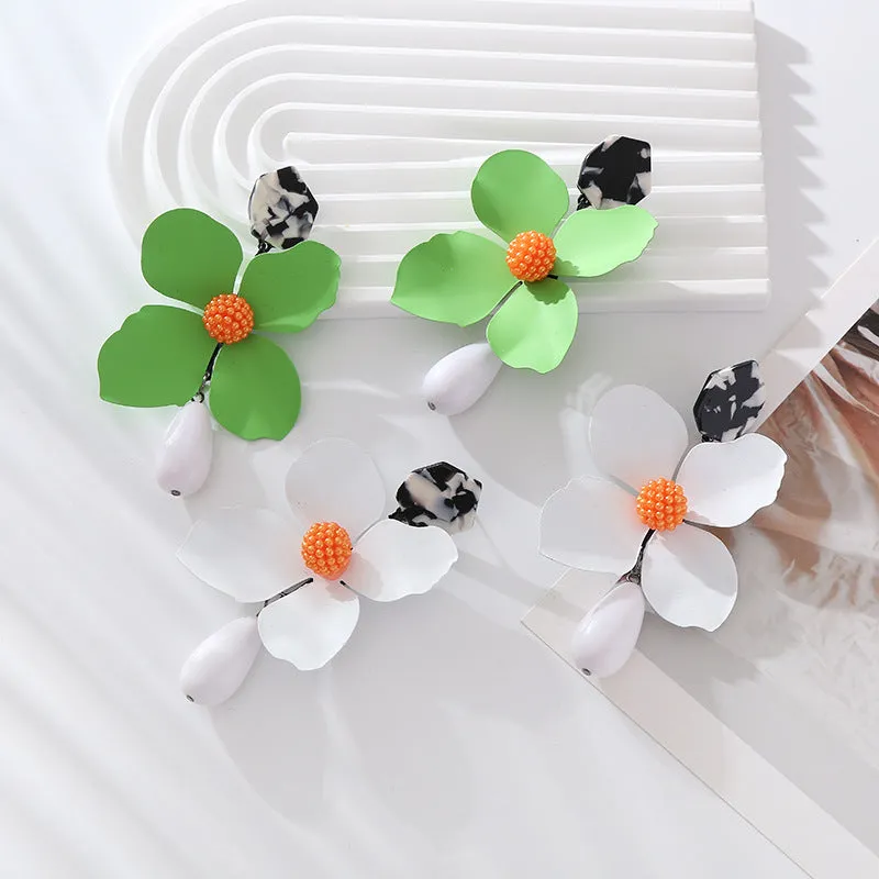 Wholesale Exaggerated Long Multi-layered Flower Alloy Painted Drop-shaped Pearl Earrings