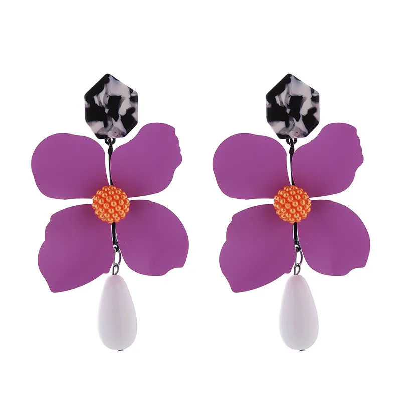Wholesale Exaggerated Long Multi-layered Flower Alloy Painted Drop-shaped Pearl Earrings