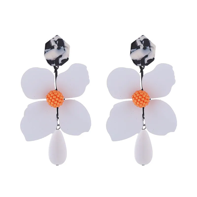 Wholesale Exaggerated Long Multi-layered Flower Alloy Painted Drop-shaped Pearl Earrings