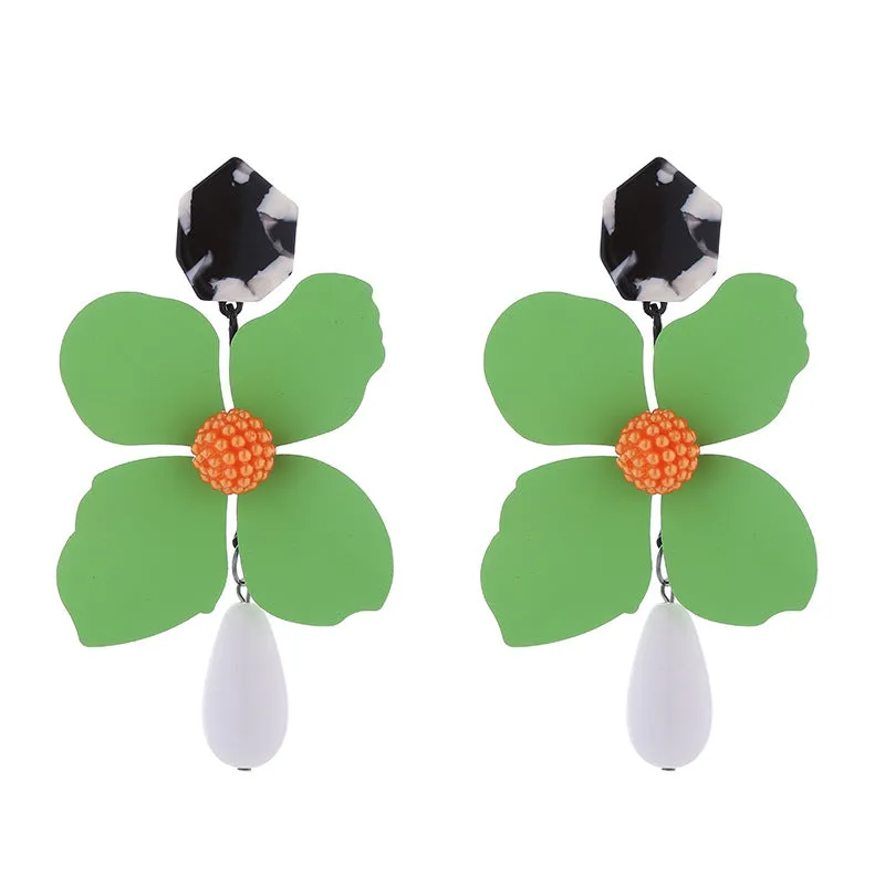 Wholesale Exaggerated Long Multi-layered Flower Alloy Painted Drop-shaped Pearl Earrings