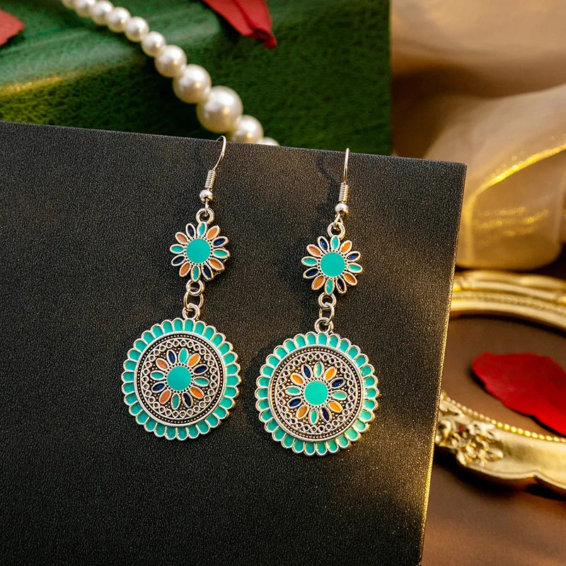 Wholesale Exaggerated Retro Bohemian Alloy Oil Dropping Round Sunflower Retro Ethnic Style Earrings