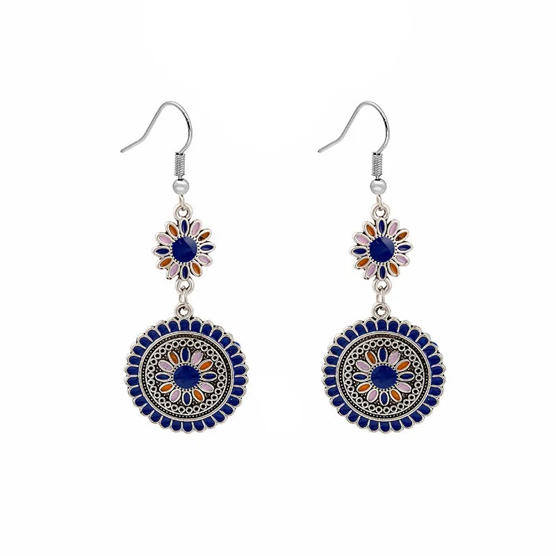Wholesale Exaggerated Retro Bohemian Alloy Oil Dropping Round Sunflower Retro Ethnic Style Earrings