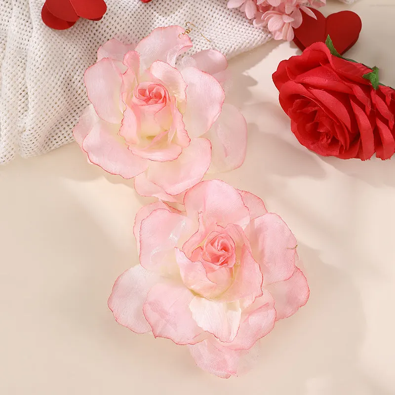 Wholesale EZ5486 Cross-border European and American Imitation Rose Silk Flower Gradient Three-dimensional Mesh Flower Pendant Women's Earrings Valentine's Day Jewelry