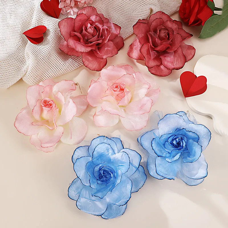 Wholesale EZ5486 Cross-border European and American Imitation Rose Silk Flower Gradient Three-dimensional Mesh Flower Pendant Women's Earrings Valentine's Day Jewelry