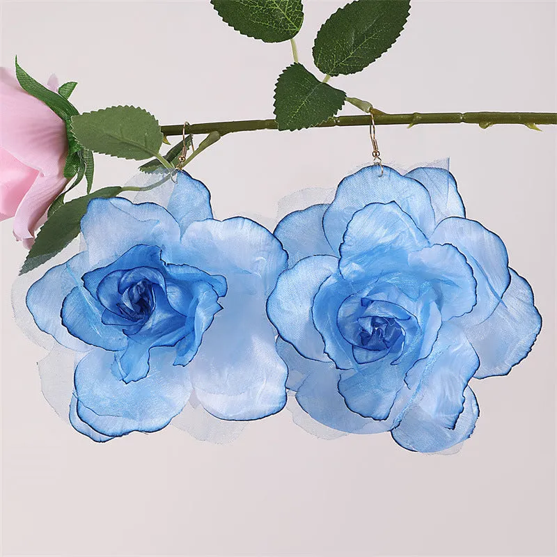 Wholesale EZ5486 Cross-border European and American Imitation Rose Silk Flower Gradient Three-dimensional Mesh Flower Pendant Women's Earrings Valentine's Day Jewelry