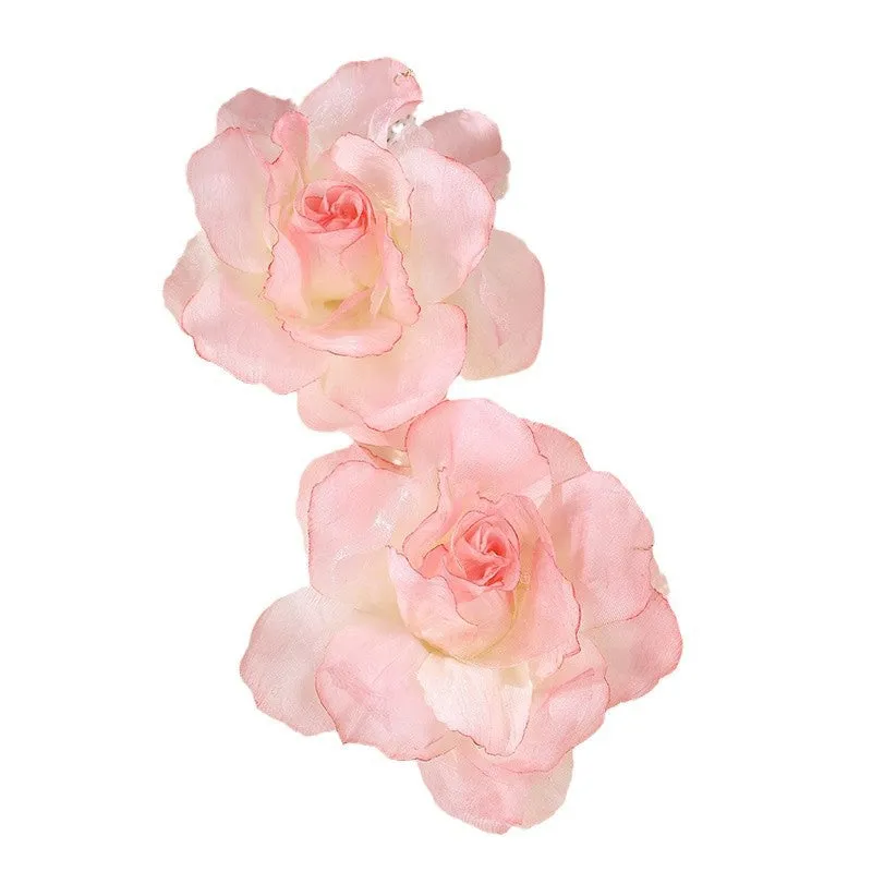Wholesale EZ5486 Cross-border European and American Imitation Rose Silk Flower Gradient Three-dimensional Mesh Flower Pendant Women's Earrings Valentine's Day Jewelry