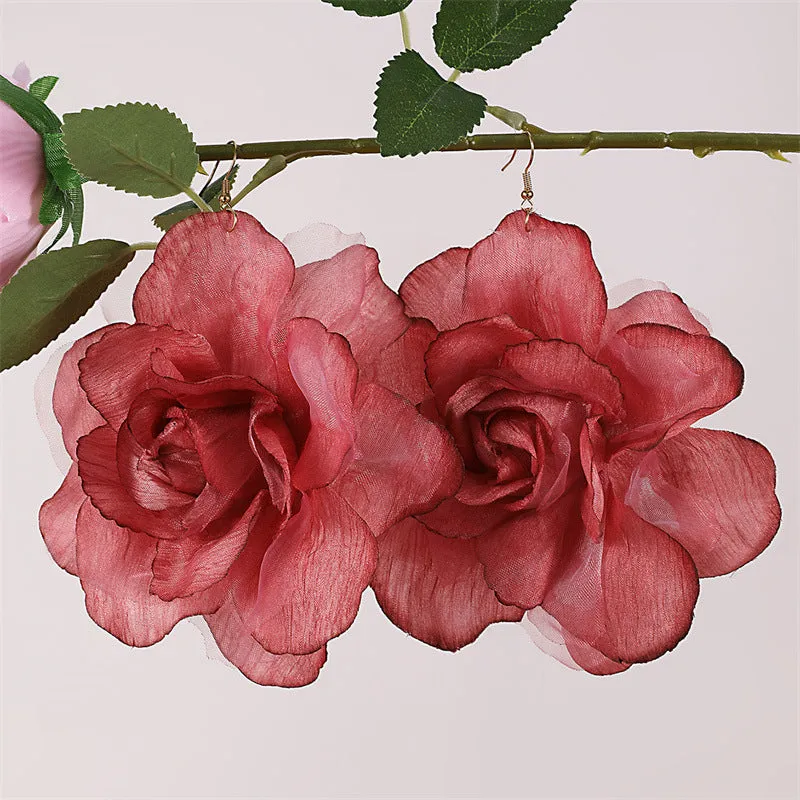 Wholesale EZ5486 Cross-border European and American Imitation Rose Silk Flower Gradient Three-dimensional Mesh Flower Pendant Women's Earrings Valentine's Day Jewelry