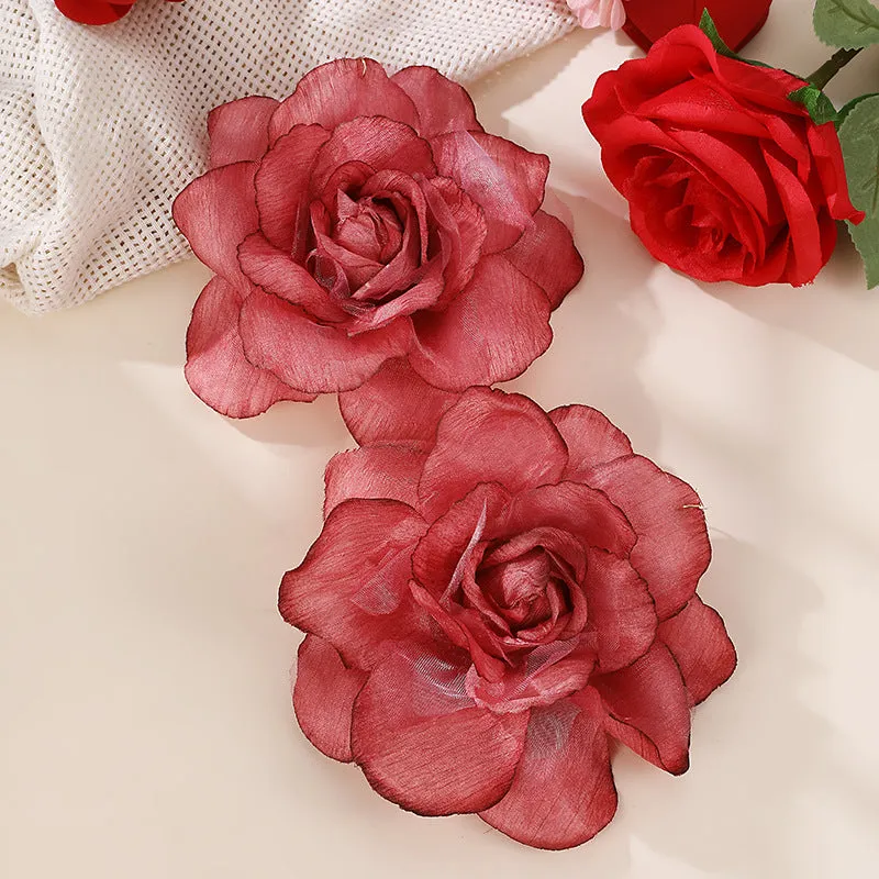 Wholesale EZ5486 Cross-border European and American Imitation Rose Silk Flower Gradient Three-dimensional Mesh Flower Pendant Women's Earrings Valentine's Day Jewelry